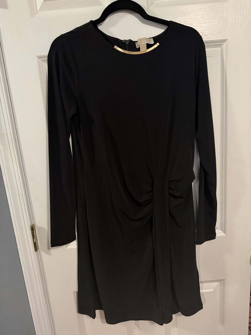 MICHAEL Michael Kors Black Long Sleeve Ruched Twist Front Dress with Gold Hardwa